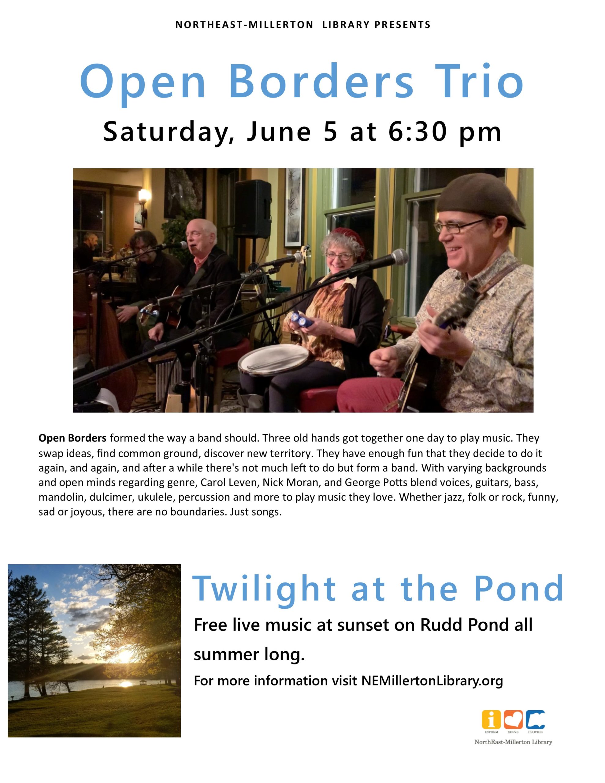 Open Boarder Trio June 5 at 6:30 pm at Rudd Pond State Park