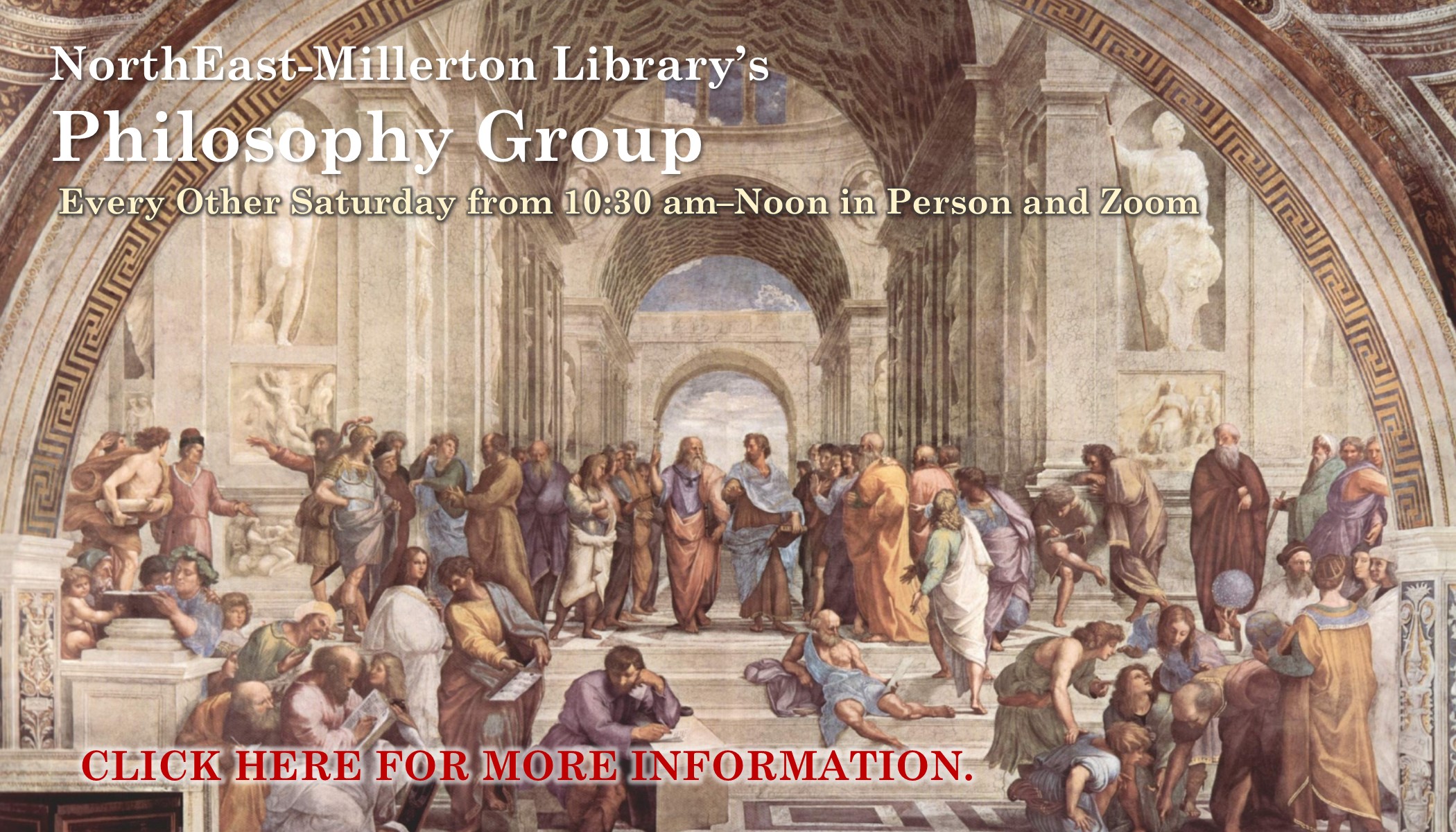 Philosophy group Every other saturday from 10:30am to noon in person and on zoom click here for more info